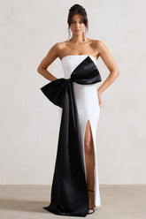 White Bandeau Split Maxi Dress With Oversized Black Bow